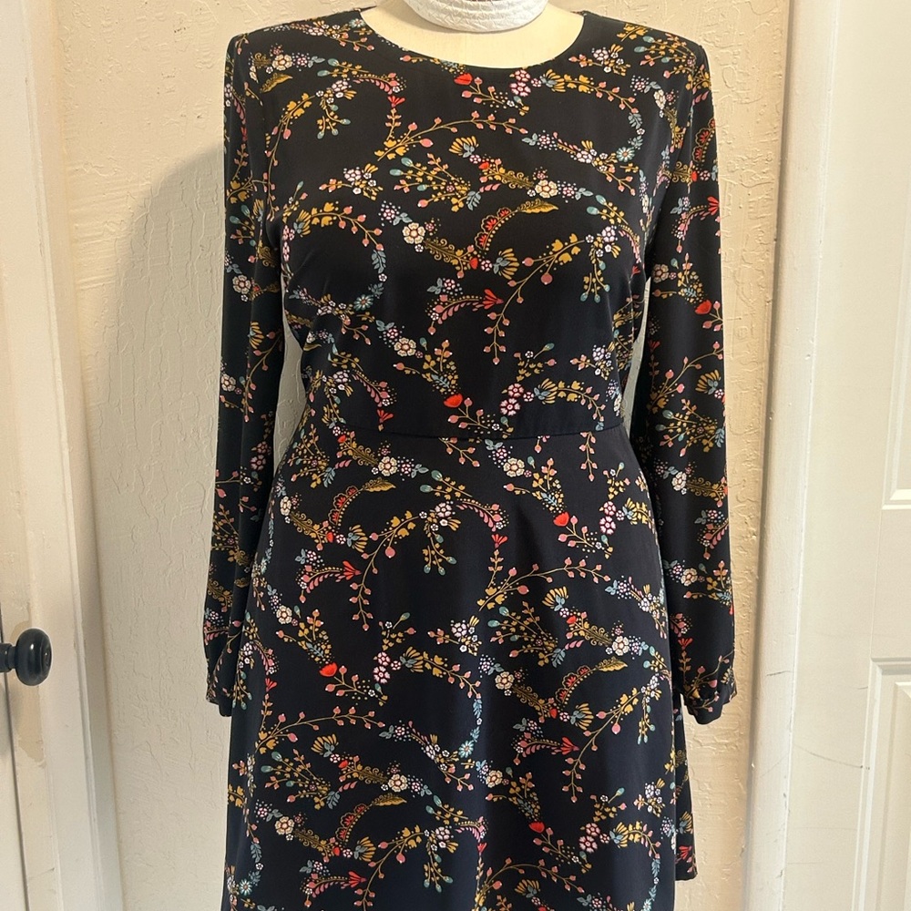 LOFT Black Long-Sleeve Floral Fit & Flare Dress